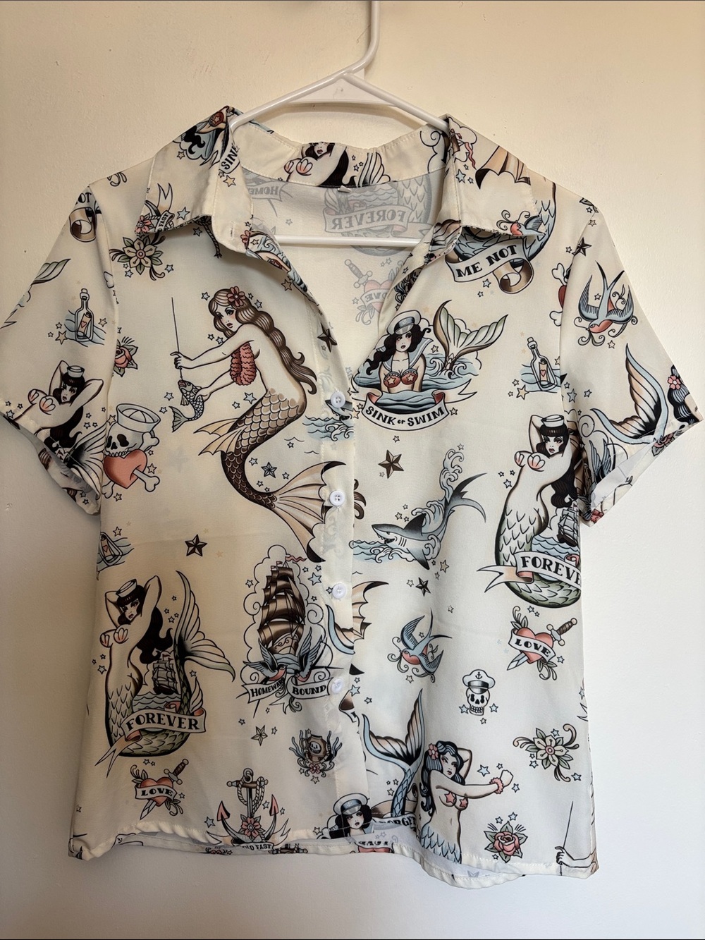 Cream Mermaid Print Button-Up Shirt